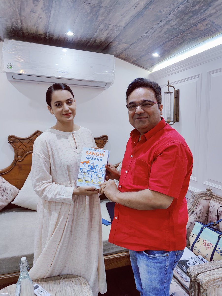 rahulroushan's tweet photo. Met @KanganaTeam, the "Sanghan who never went to shakha" to give a copy of @SanghiTheBook. Guess she would relate to many incidents 🙏 https://t.co/L2LmAw6co9
