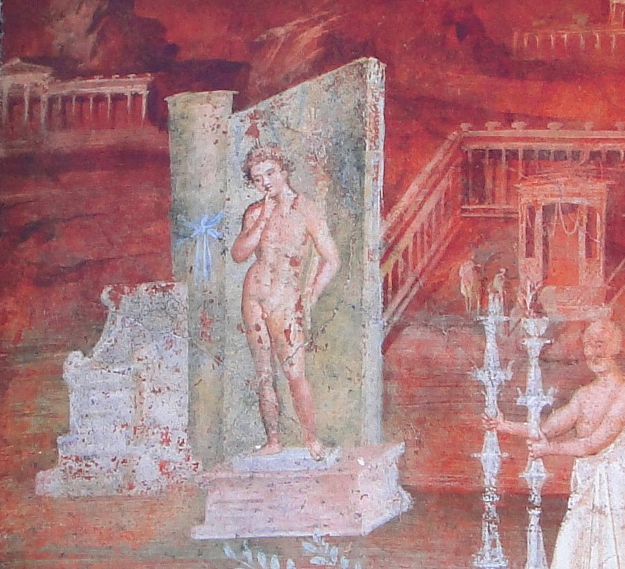 chapps's tweet photo. If there was any doubt that ancient Roman statues were #polychromed (colored), this fresco alone should put it to rest. A priest of Isis carries two candelabra in front of a fully colored statue of Harpocrates, son of Isis and Serapis.
#FrescoFriday #polychromy https://t.co/HH16qeOox8