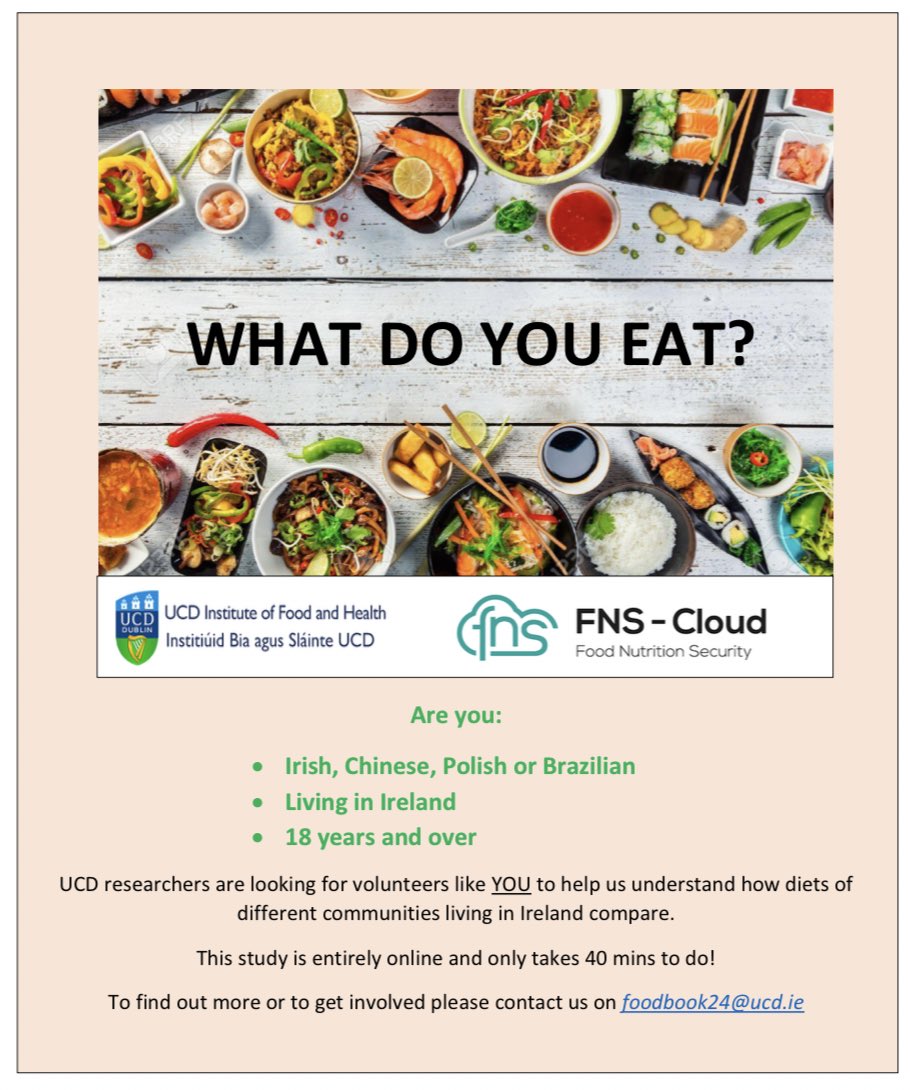 Laura Bardon, PhD (@laurabardon94) on Twitter photo We are recruiting participants and would love to hear from you!
We are looking for people living in Ireland to share with us what foods they eat regularly. The study is entirely online and takes approximately 40 minutes.
Send us an email at Foodbook24@ucd.ie to find out more We are recruiting participants and would love to hear from you!
We are looking for people living in Ireland to share with us what foods they eat regularly. The study is entirely online and takes approximately 40 minutes.
Send us an email at Foodbook24@ucd.ie to find out more