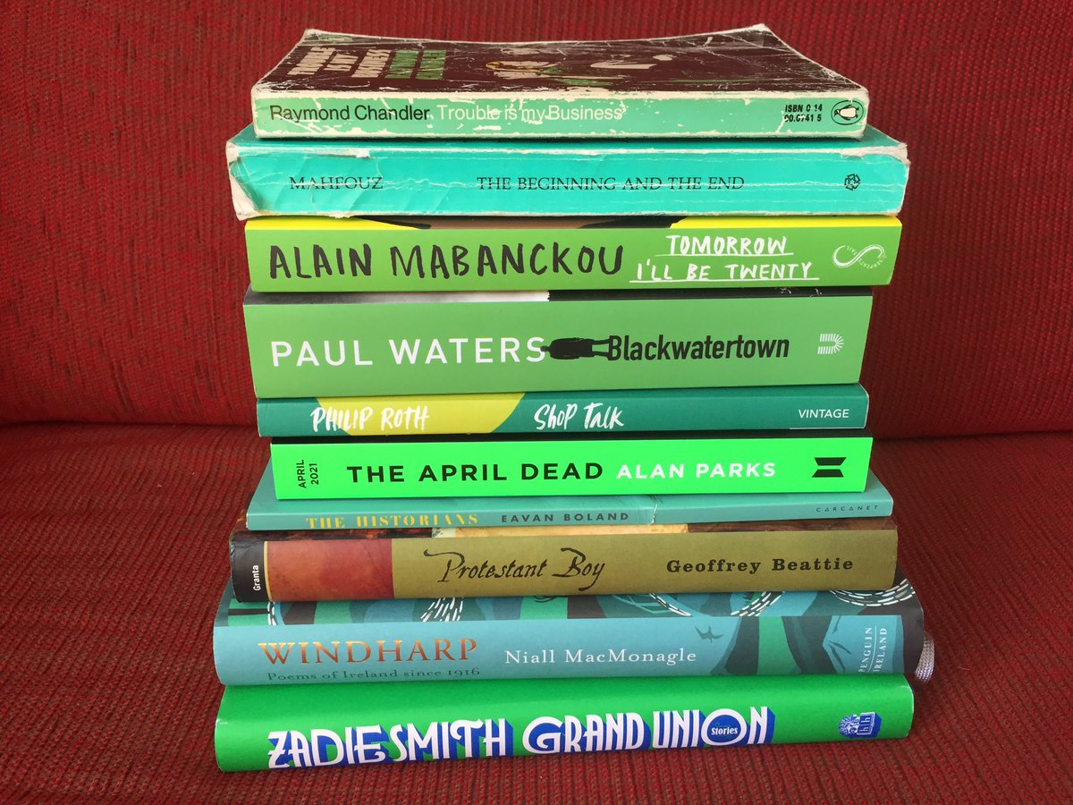 PaulWaters99's tweet photo. A night out with the authors in this #greenbookstack would be lively #raymondchandler #NaguibMahfouz @amabanckou @PaulWaters99 #philiproth @alanjparks @EavanBoland #GeoffreyBeattie #NiallMacMonagle #ZadieSmith Only one of them I’ve met already for sure (apart from the obvious) https://t.co/797m4mXZKL