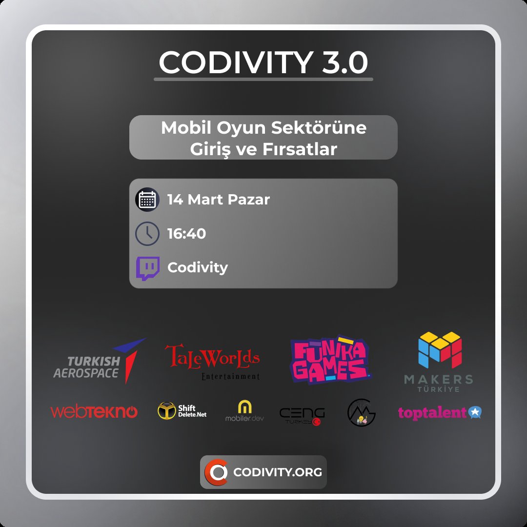 Eğlenmeyi sevenlere müjde.😍 Beklenen konuşmacımız geldi. BarakaTech ve APPS 'in kurucu ortağı olan  Erdem Lafçı, CODIVITY 3.0 'da mobil oyun sektöründe nasıl ilerleyeceğimizi, yakalayabileceğimiz fırsatları anlatıyor. 

Program akışı ve kayıt için profildeki linke tıklayın.