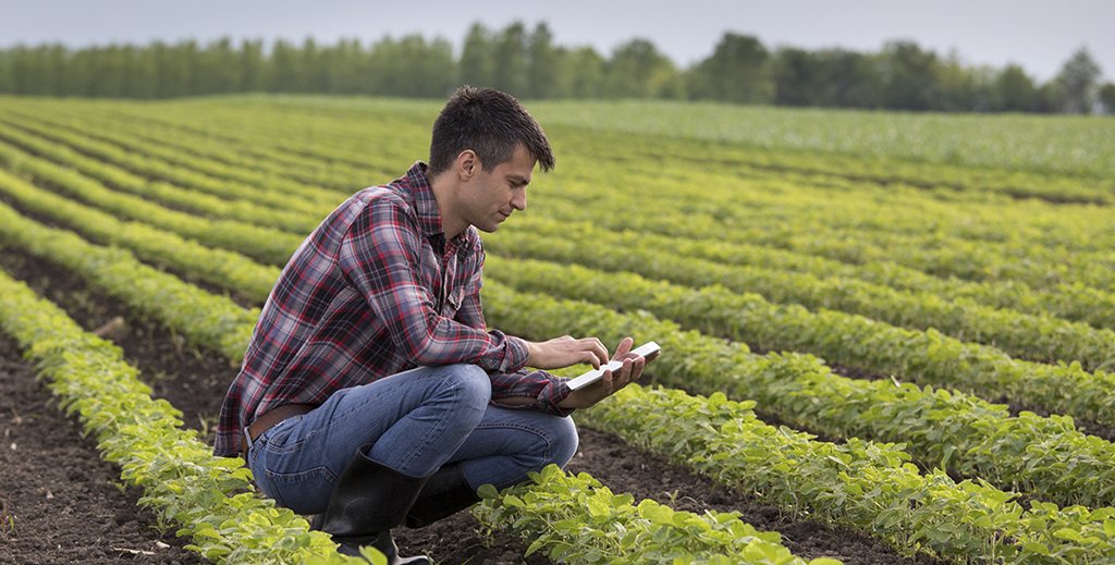 Man-crouching-with-device-in-field