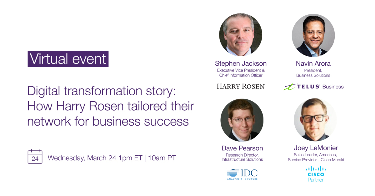 MarshallBerkin's tweet photo. Join my team and I March 24 to hear from Harry Rosen and IDC on why your #digitaltransformation journey starts with the #network. Great lineup of speakers to discuss business success in a digital-first world. Hope to see you there! https://t.co/8Y0vQXCC8r https://t.co/qaGDJtXb1G