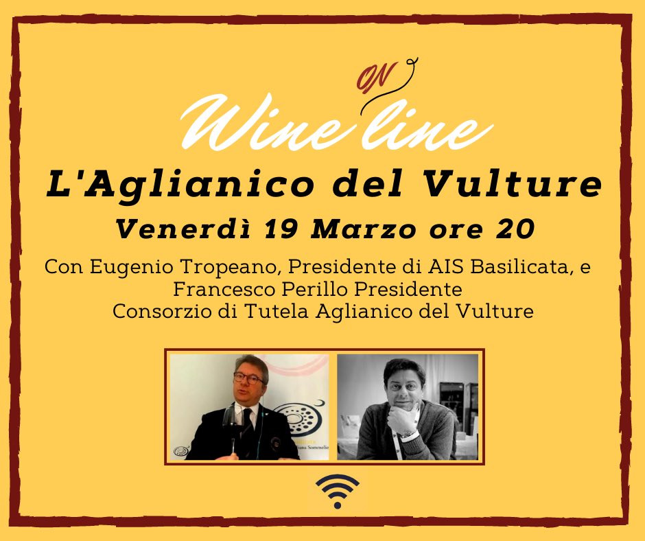 AIS Lazio (@ais_lazio) on Twitter photo Il 19 marzo alle 20 andrĂ in scena âLâAglianico del Vultureâ a cura di Eugenio Tropeano, presidente di AIS Basilicata, e Francesco Perillo, presidente del Consorzio di Tutela Aglianico del Vulture. Prenotazioni: comunicazione@aislazio.it, indicando tessera AIS e delegazione Il 19 marzo alle 20 andrĂ in scena âLâAglianico del Vultureâ a cura di Eugenio Tropeano, presidente di AIS Basilicata, e Francesco Perillo, presidente del Consorzio di Tutela Aglianico del Vulture. Prenotazioni: comunicazione@aislazio.it, indicando tessera AIS e delegazione