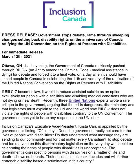 InclusionCA's tweet photo. PRESS RELEASE: Government stops debate, rams through sweeping changes setting back disability rights on the anniversary of Canada ratifying the UN Convention on the Rights of Persons with Disabilities. https://t.co/7vQRDJh4ar #cdnpoli https://t.co/kNIKYkKKJh