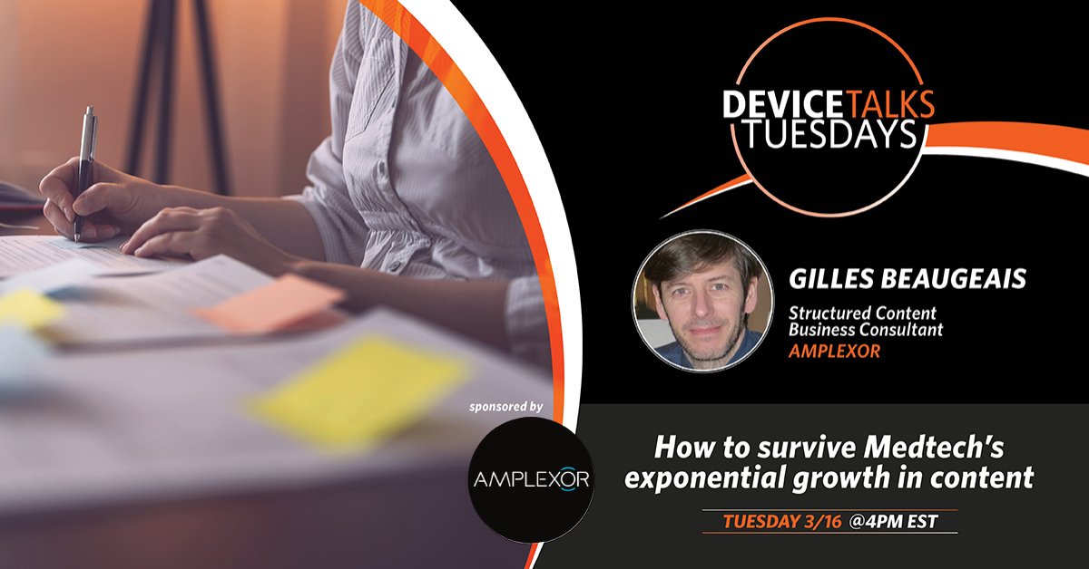DeviceTalks's tweet photo. Gilles Beaugeais from @AMPLEXOR joins us on Tuesday. REGISTER FOR FREE HERE: https://t.co/efUBW4lR9S
#MedTech #MedicalDevices #FreeWebinar #Amplexor #Strategy #StreamlinedSolutions #MedicalDeviceMakers #ContentManagementMethodology #Success #DeviceTalksTuesdays https://t.co/7R3BJE4GUU
