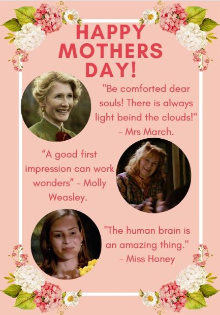 GuildfordLib's tweet photo. Happy Mothering Sunday! Here's to all the mothers and mother-figures out there, whether they be fictional or not! 🥰👩‍👧‍👦💛🌷

#MothersDay2021 #MrsWeasley #MissHoney #MrsMarch @SurreyLibraries https://t.co/ZTaqvbNRVx