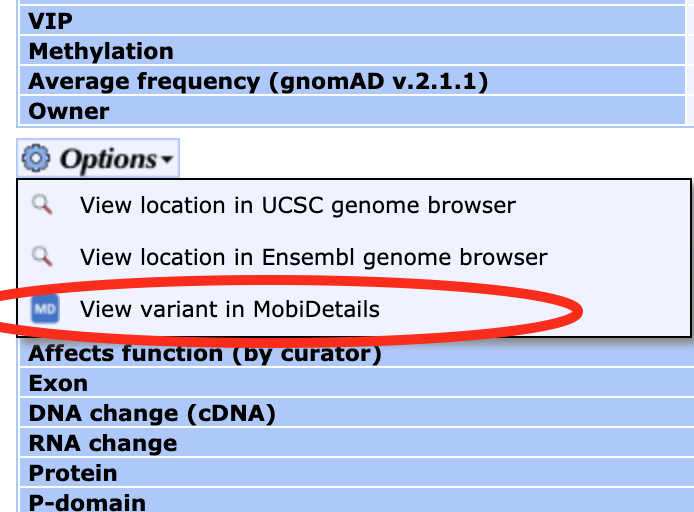 MoBiDiC_BioInfo's tweet photo. Retrieve #mobidetails when using @LOVD! When visiting a variant page in LOVD, you now have the ability to launch MobiDetails with the options menu - https://t.co/UjdwryZhzp
#BioInformatics https://t.co/46QbqNJaOI