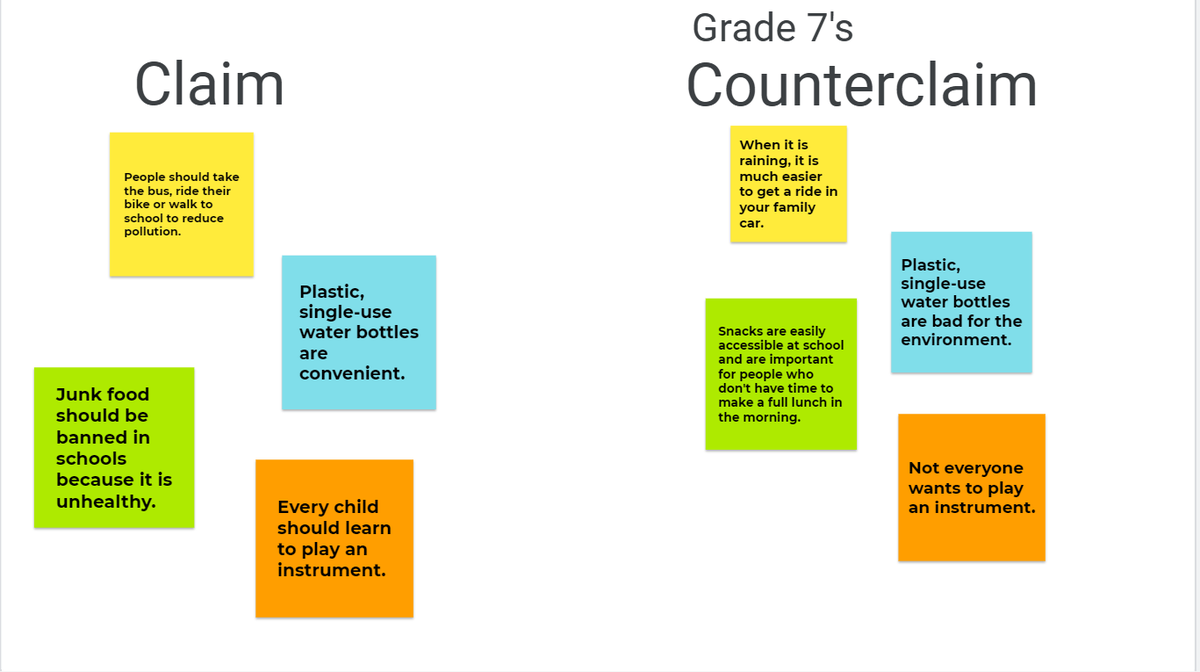 msmoffat7's tweet photo. These first three weeks of placement with my virtual class have absolutely flown by! We have been working on persuasive writing and today on our Jamboard the class came up with some examples of counterclaims. Awesome work today! :) #HappyFriday https://t.co/6FNJ7SCH1j