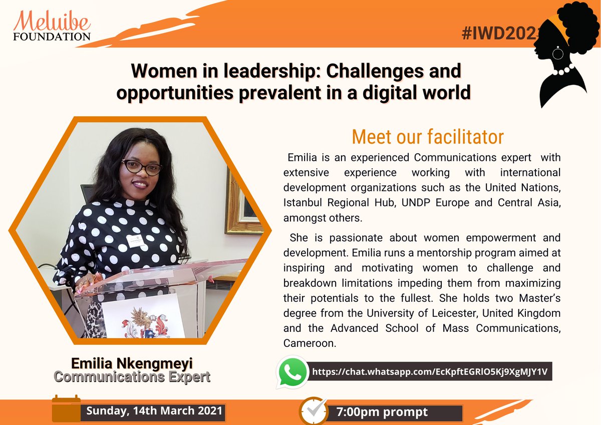JOIN US THIS SUNDAY... 

Let's discuss the challenges and opportunities available to women in this digital world.

Please click the like below to join...

chat.whatsapp.com/EcKpftEGRlO5Kj…

#IWD2021
#ChooseToChallenge
#internationalwomensday2021
#WomenSupportingWomen <a href="/nmannaobi/">obialunanma nnaobi</a> <a href="/UN_Women/">UN Women</a>