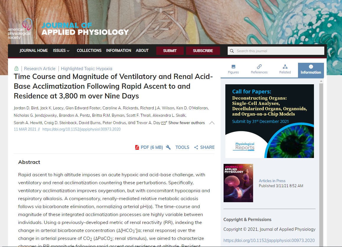 #ArticlesInPress: “Time Course and Magnitude of Ventilatory and Renal #AcidBase Acclimatization Following Rapid Ascent to and Residence at 3,800 m over Nine Days” 
By: Jordan D. Bird, et al. 
bit.ly/2OQIGjZ
@mountroyal4u <a href="/FosterGlen/">Glen Foster, Ph.D.</a> @Craigsteinback <a href="/trevoraday/">Trevor Day</a> 
#JAPPL
