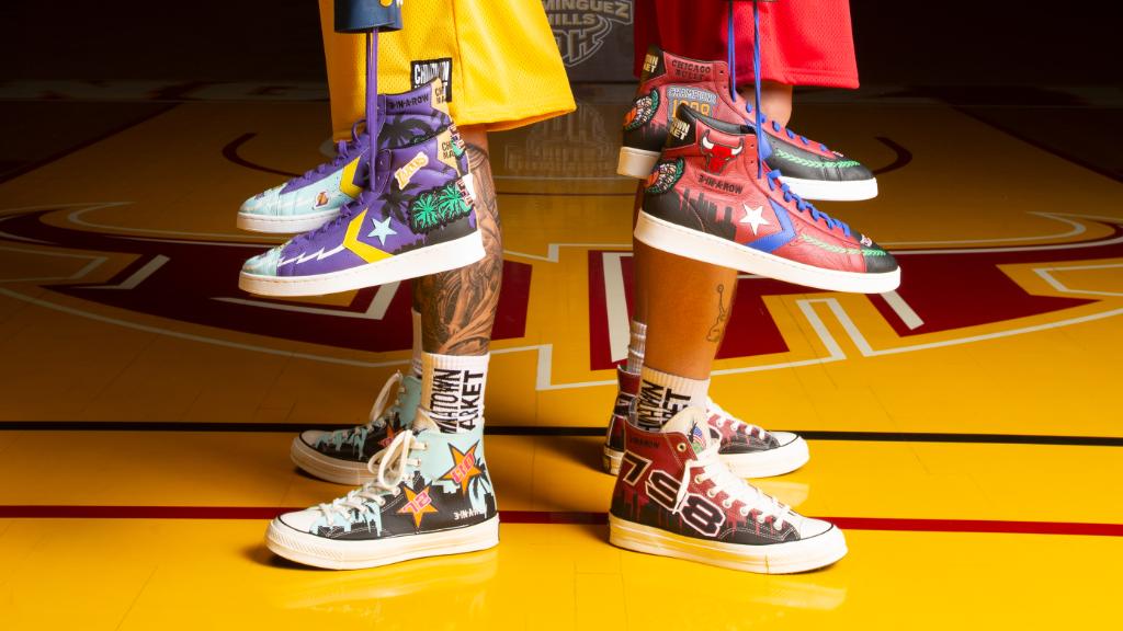 Converse's tweet photo. Our next collaboration with @chinatownmarket is based on a nostalgic NBA collection that brings the unapologetically loud and oversized graphics of the Jeff Hamilton championship leather jackets to the Chuck 70 and Pro Leather. Available now on https://t.co/faUtwV4AUc. https://t.co/EuGvn95nMJ