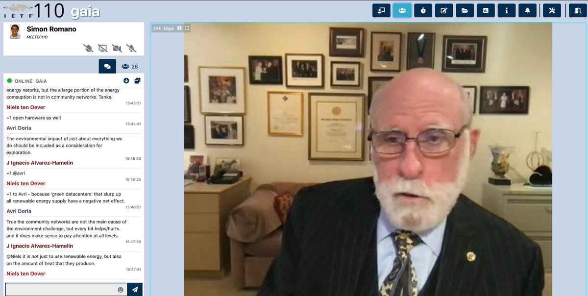 spromano's tweet photo. Things that do not happen on a daily basis on the Internet:
1) chatting with Mr. Vint Cerf about Global "Access to the Internet for All" 
...
...
#ietf110 #gaia https://t.co/VsCJhanOpI
