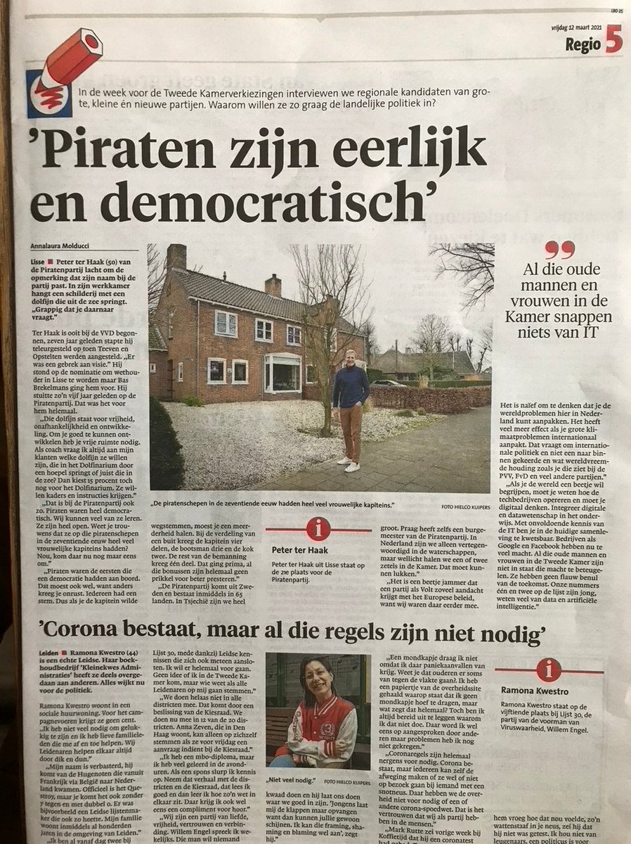 Piratenpartij's tweet photo. Hier het interview met onze lijstduwer Peter ter Haak uit #Lisse  in het Leidsch Dagblad. De man weet ook veel van de oude zeepiraten uit de zeventiende eeuw.  "Zij waren de eersten die een democratie aan boord hadden en er waren veel vrouwlijke kapiteins" #StemPiraat https://t.co/HLvoFsXDpw