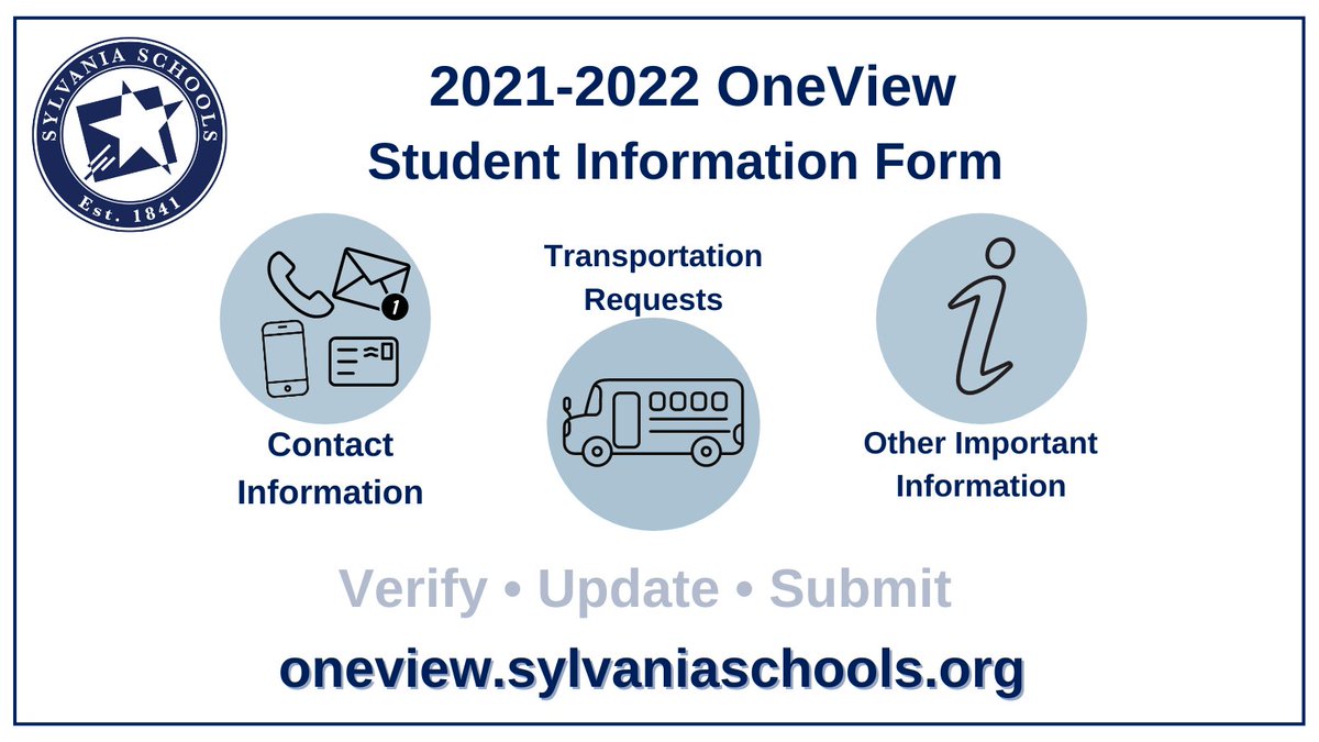 Sylvania Families - Check your email for information about updating the 2021-2022 Student Information form by April 9. Links and instructions can be found at oneview.sylvaniaschools.org.