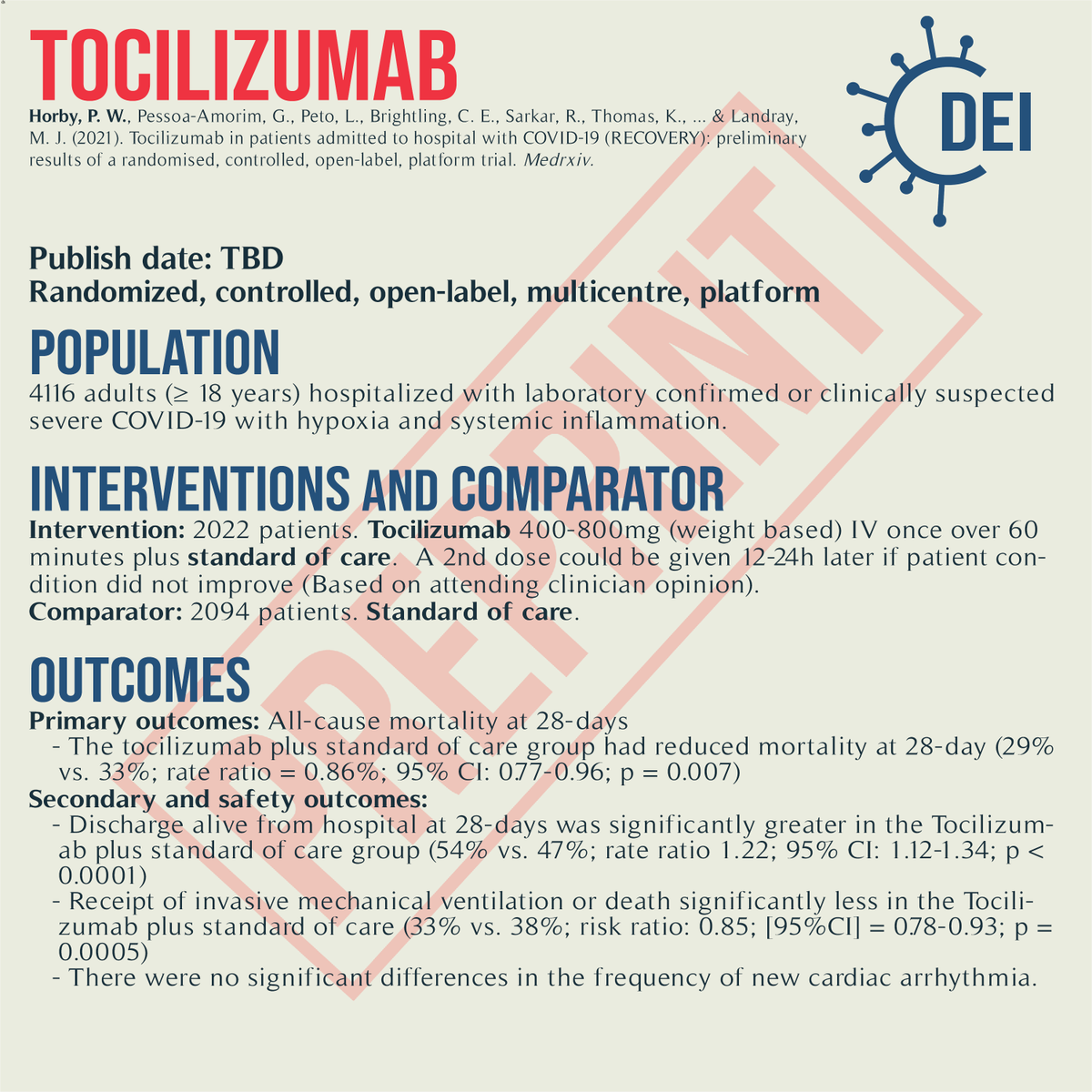 Covid19_DEI's tweet image. Our PICO, appraisal, and limitations for this trial looking at #tocilizumab plus standard of care vs. standard of care for #COVID19 treatment.

#RCT #MedTwitter #TwitteRx #clinicatrial #NurseTwitter #IDtwitter #pharmacyschool #pharmacystudent #evidencebasedmedicine #CovidRx