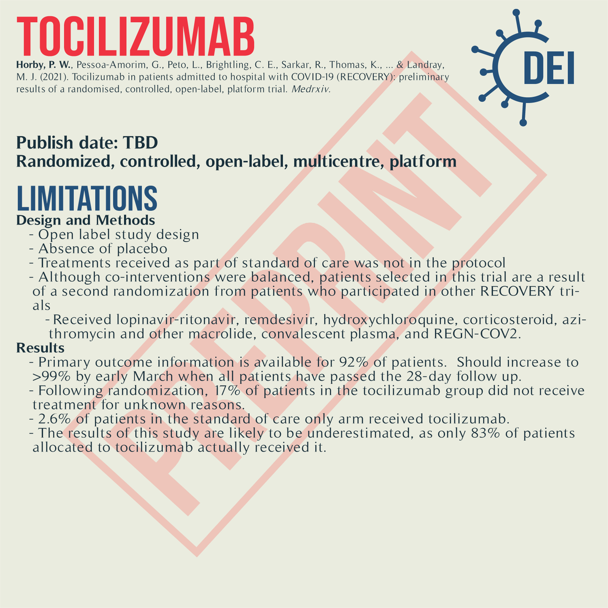 Covid19_DEI's tweet image. Our PICO, appraisal, and limitations for this trial looking at #tocilizumab plus standard of care vs. standard of care for #COVID19 treatment.

#RCT #MedTwitter #TwitteRx #clinicatrial #NurseTwitter #IDtwitter #pharmacyschool #pharmacystudent #evidencebasedmedicine #CovidRx