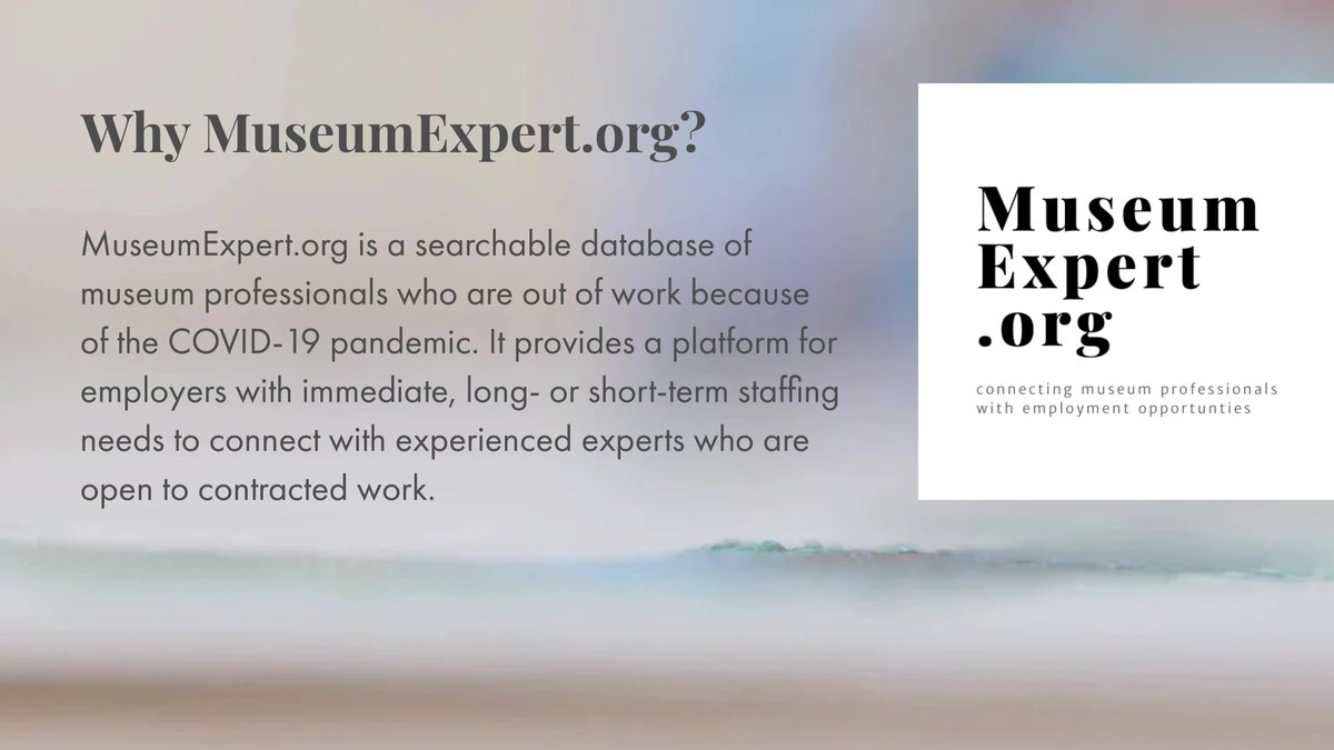 AAMers's tweet photo. If your employment has been impacted by the pandemic, consider signing up for https://t.co/7SgZbYPfjH, a free database that connects #museum professionals with immediate long- or short-term staffing opportunities. Plus, check out their ongoing career development webinar series. https://t.co/5VzkBkmqs2