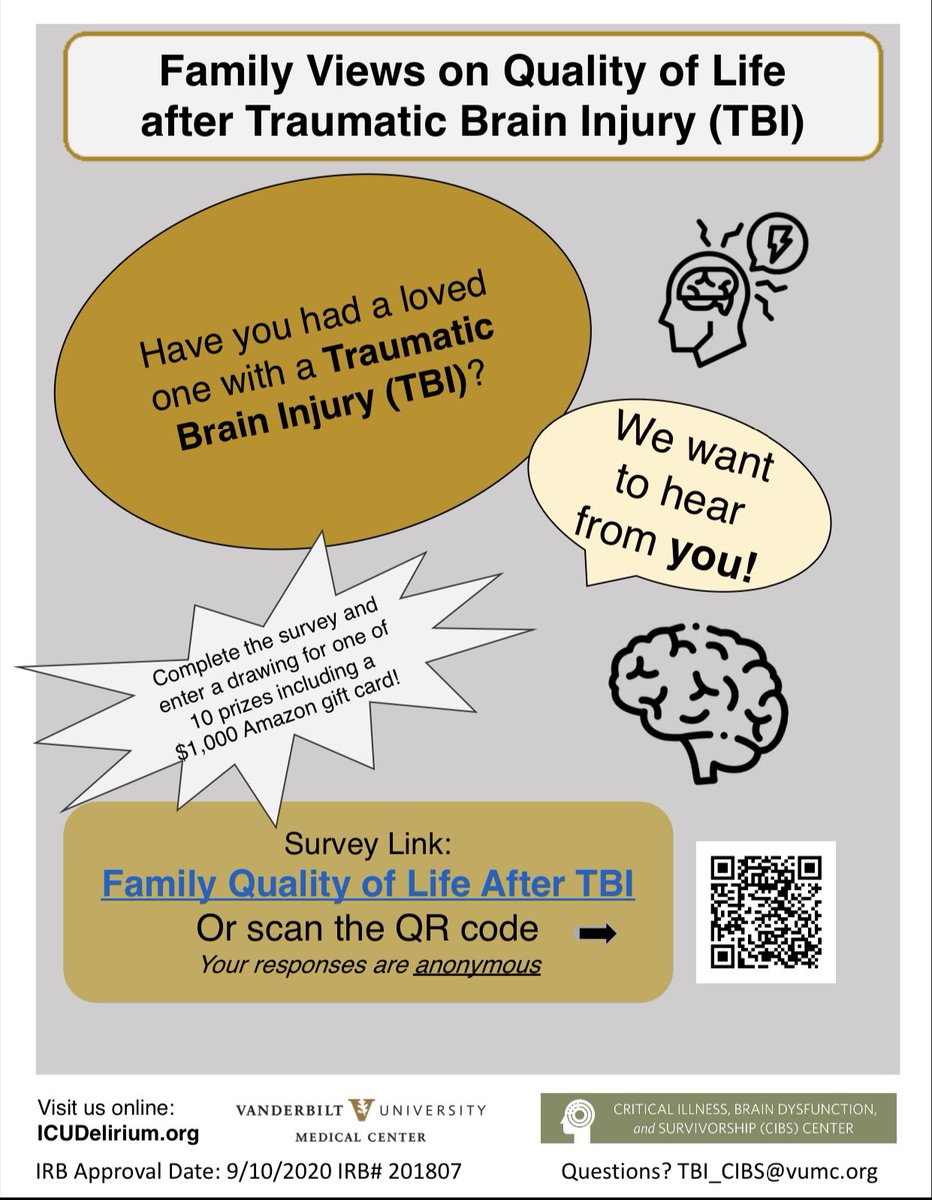 Have you had a loved one with a Traumatic Brain Injury #TBI? We want to understand how #TBI families view quality of life after traumatic brain injury.

mcvanderbiltedu.az1.qualtrics.com/jfe/form/SV_8J…

#BIAmonth #TBIawareness 

@BrainInjuryHub @braininjury_CAN @biaamerica @braininjurygrp @BrainInjurySC