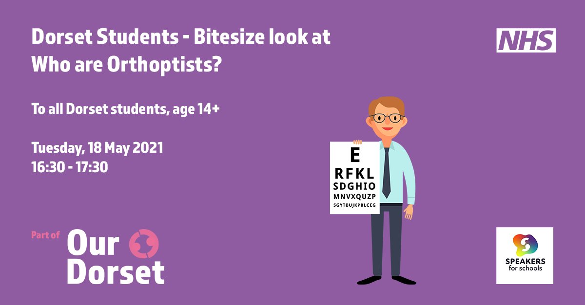 Dorset #NHS are pleased to offer a series of bitesize virtual encounters to showcase a range of careers as an #AlliedHealthProfessional. The next in the series is 'Who Are #Orthoptists?

Dorset school students can sign up for free here: bit.ly/3l23iSs