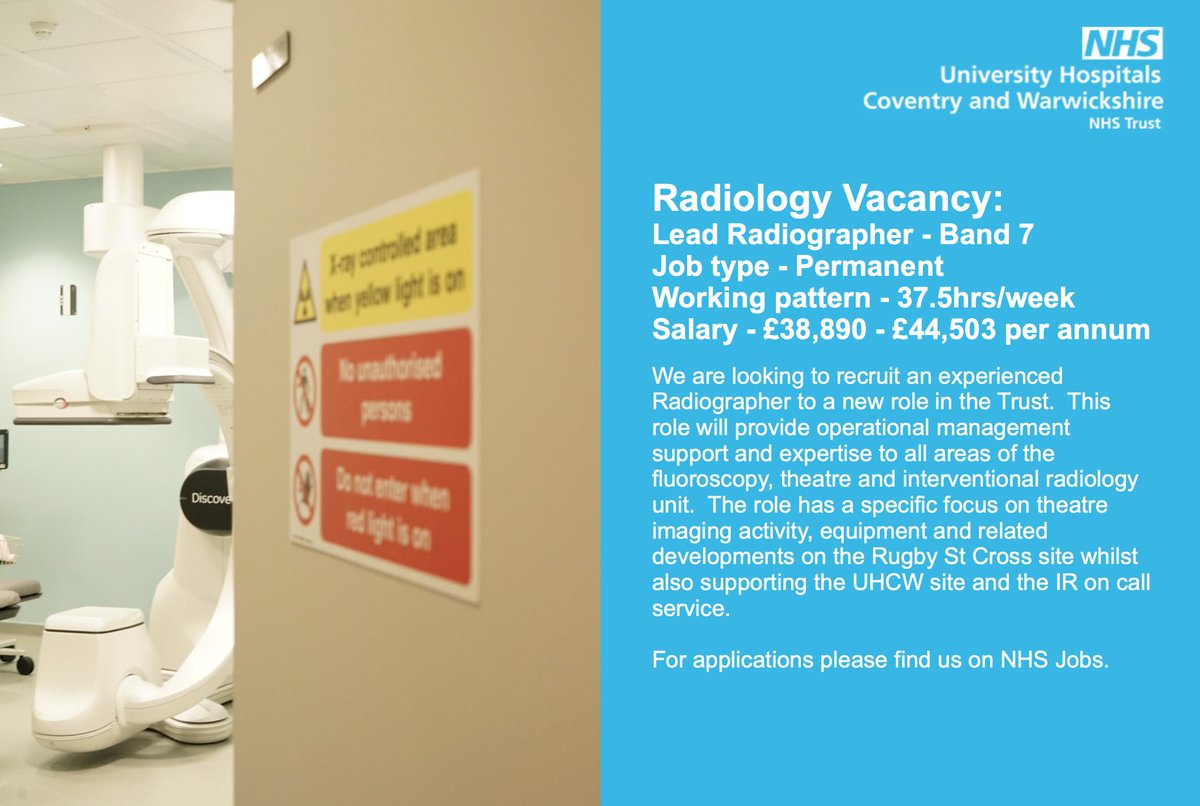 We are recruiting to an exciting new role in the IR/Fluoro/Theatre department!  See the full job spec at jobs.nhs.uk/xi/vacancy/916… and get in touch if you would like to know more!

<a href="/nhsuhcw/">UHCW NHS Trust</a> <a href="/AHPS_UHCW/">UHCW_AHPS 💙</a> <a href="/DrNeilGuptaIR/">Neil Gupta</a> <a href="/ukAHPjobs/">AHPjobs</a> <a href="/drsankar23/">sankar neelakantan</a>
