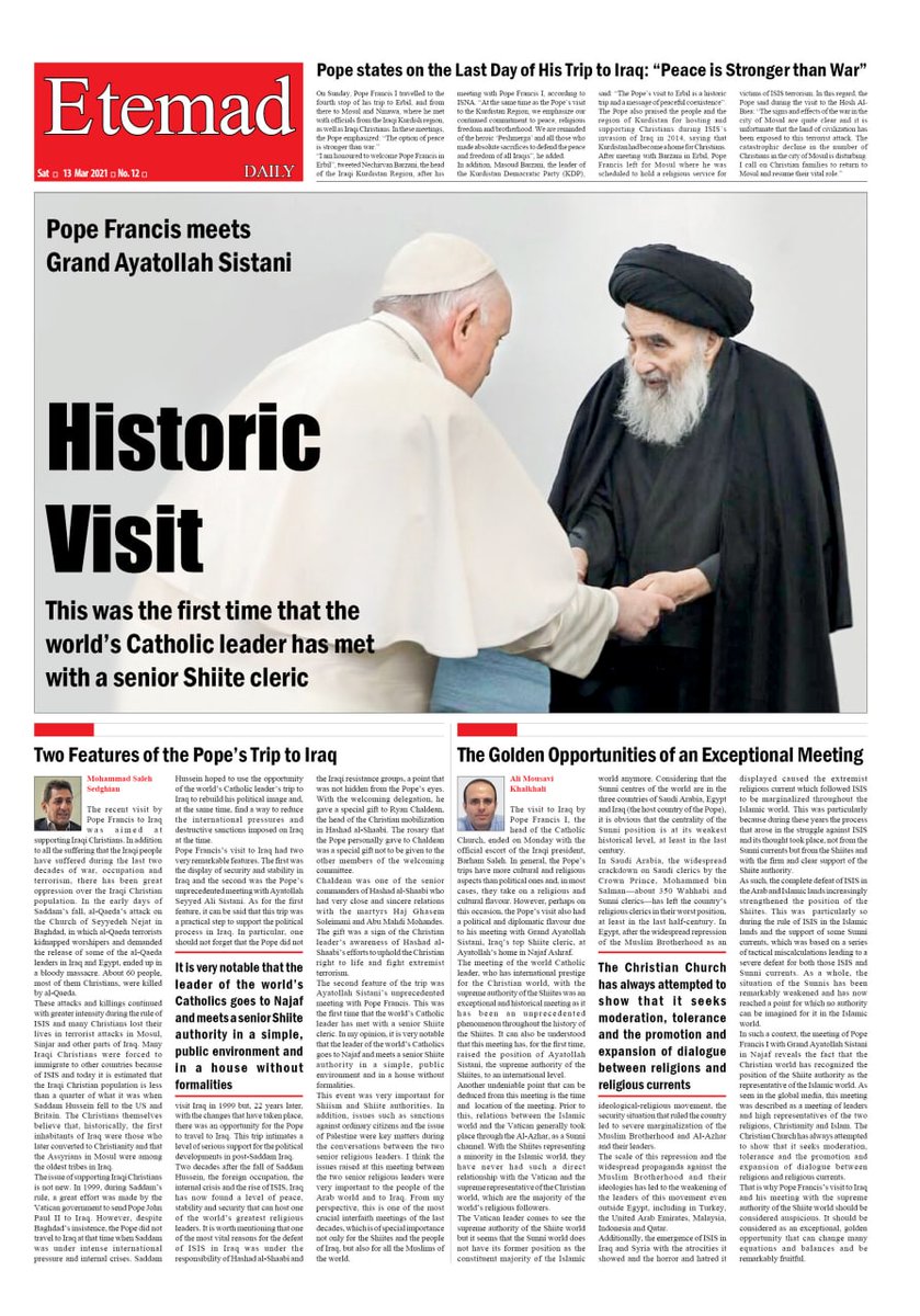EtemadDaily's tweet image. English paper of Etemad newspaper (No.12): Historic Visit, Pope Francis meets Grand Ayatollah Sistani

etemadonline.com/content/471204