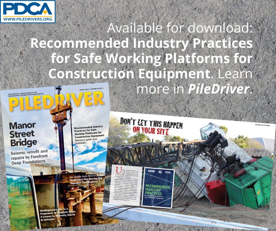 PDCAorg's tweet image. Be sure to check out the latest update from the Working Platforms Working Group, a joint industry effort between PDCA, ADSC and DFI, in the latest issue of PileDriver:

lesterfiles.com/pubs/PDCA/digi…

#PDCADriven #WorkingPlatforms #SafeWorkingPlatform #DeepFoundations