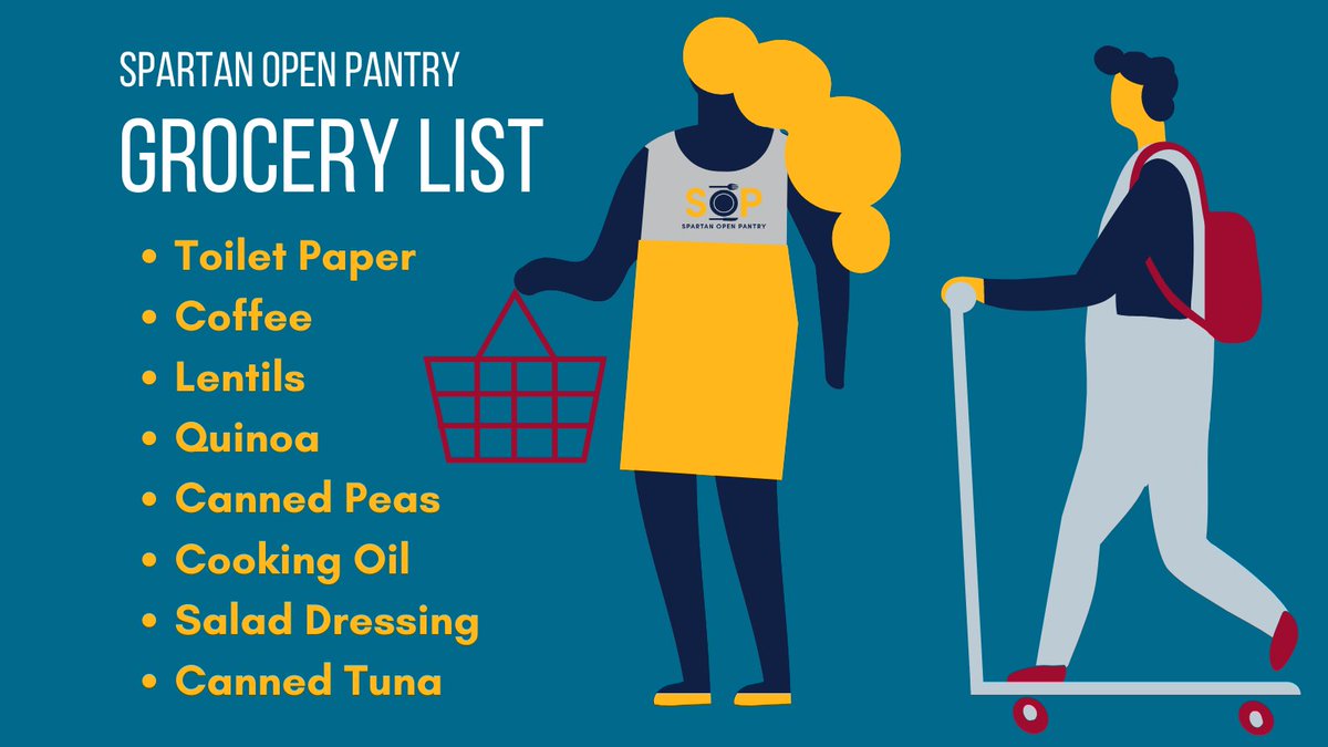 Out grocery shopping and want to help out Spartan Open Pantry? Check out our list and feel free to drop off all donations Monday 9am-12pm, Tuesday the 16th (1 Year Stronger Food Drive) 9am-9pm, and Wednesday 4-9pm at Spartan Open Pantry! Thank you for your help!
