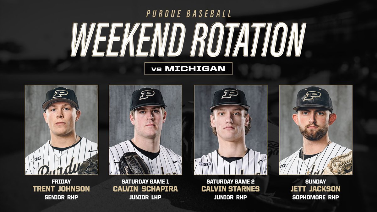 PurdueBaseball's tweet photo. Trent takes the ball Friday again as #Purdue battles Michigan in South Carolina this weekend. Here's how we're lining it up for the series. #BoilerUp 

⚾️ Michigan native @CalvinStarnes starts Game 3.

📰 Series Preview: https://t.co/xQ5OfzGUUK https://t.co/aHgWl1CEK7