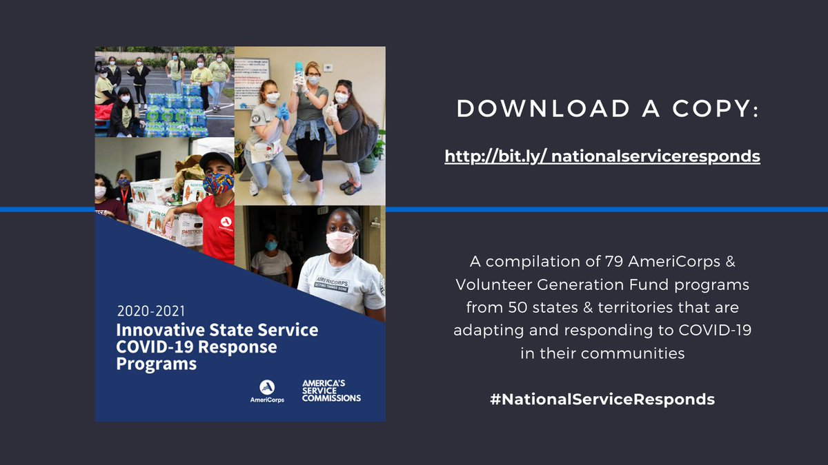 statecommission's tweet photo. Hot off the press in time for #AmeriCorpsWeek! Don't miss our new publication ‘Innovative State Service COVID-19 Response Programs’ feat. 79 @AmeriCorps &amp; #VolunteerGeneration programs doing incredible work to address the pandemic: https://t.co/HueMkQmIbH #NationalServiceResponds https://t.co/OGCXYMZNKY
