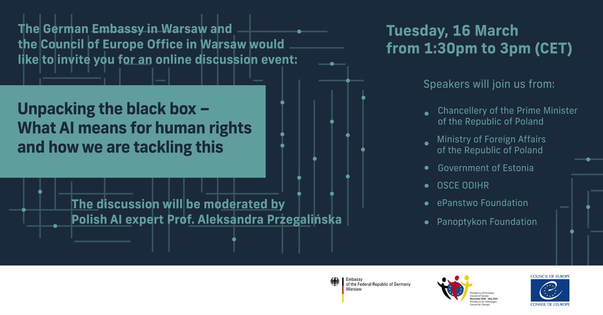 CoE_DigitalGov's tweet image. Register to follow live the online event “Unpacking the black box – What #AI means for #humanrights and how we are tackling this”, organised in the framework of @GermanyCoE Presidency. 

⏲️16/03/2021, 1:30PM CET

➡️ bit.ly/Unpackingthebl… #COE4AI