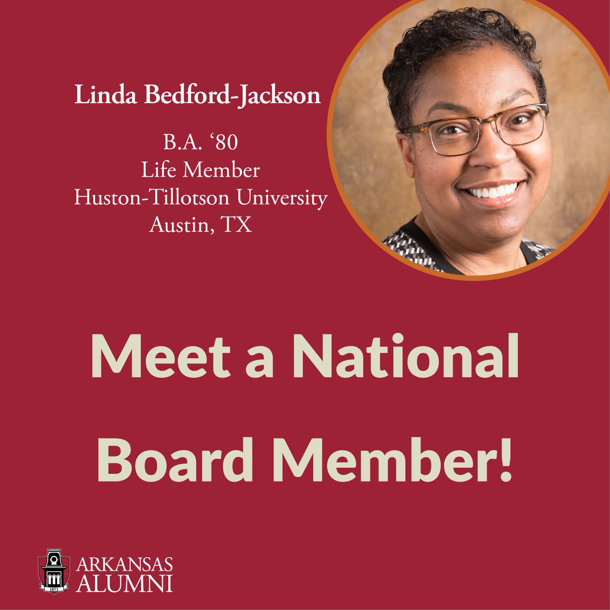 arkansasalumni's tweet photo. For National Women's Month, we'll be featuring some of the amazing women on our National Board of Directors. Meet Linda Bedofrd-Jackson, B.A. '80, Life Member from Austin, TX. https://t.co/CzYW0s20IY
