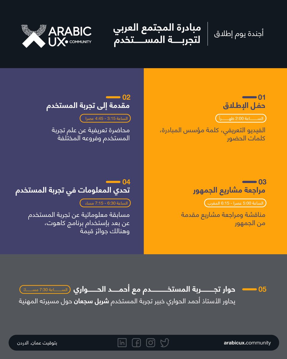 arabic_ux's tweet photo. أجندة حفل اطلاق مبادرة (المجتمع العربي لتجربة المستخدم )
سيتم بث حفل الإطلاق عبر منصات التواصل الأجتماعي الخاصة بنا ..
وللتسجيل في فعاليات اليوم من هذه الروابط
https://t.co/8XbQkNGx2A
https://t.co/gqMLgISJf4

#اللغة_العربية  #uxdesign https://t.co/iHH63BYVPv