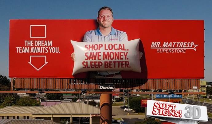 softsigns3D's tweet photo. Sometimes simple #3dvinyl shapes on a billboard can equal a super high impact #wow! @DurdenOutdoor know how to make engaging and memorable #OOH with their Mr. Mattress Superstore campaign... https://t.co/KOBy94kQLE