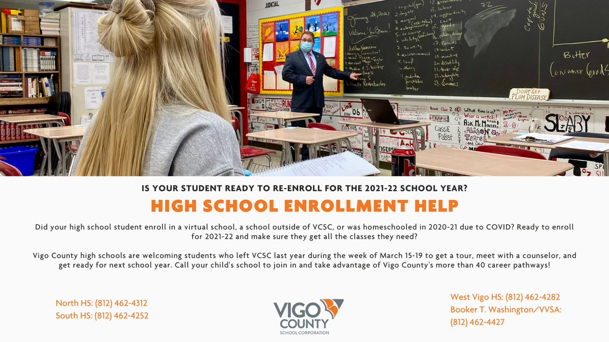 vcsc_teamvigo's tweet image. If your high school student left Vigo County Schools for the 2020-21 school year and they&apos;d like to come back for the 2021-22 school year, help is available to make sure they get the classes they need!

Re-enroll: web.vigoschools.org/new-families

#teamvigo