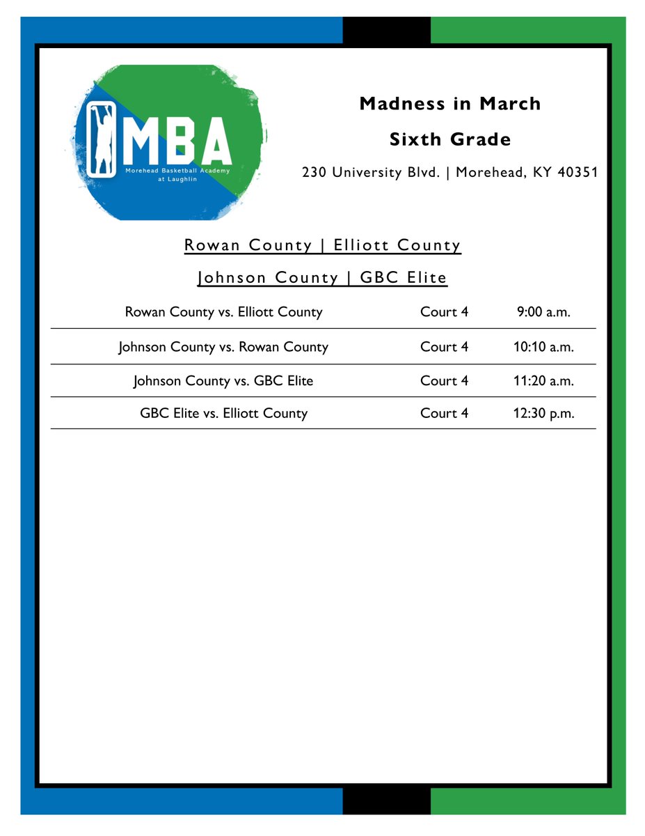 Game schedules for this weekend's Madness in March tournament!