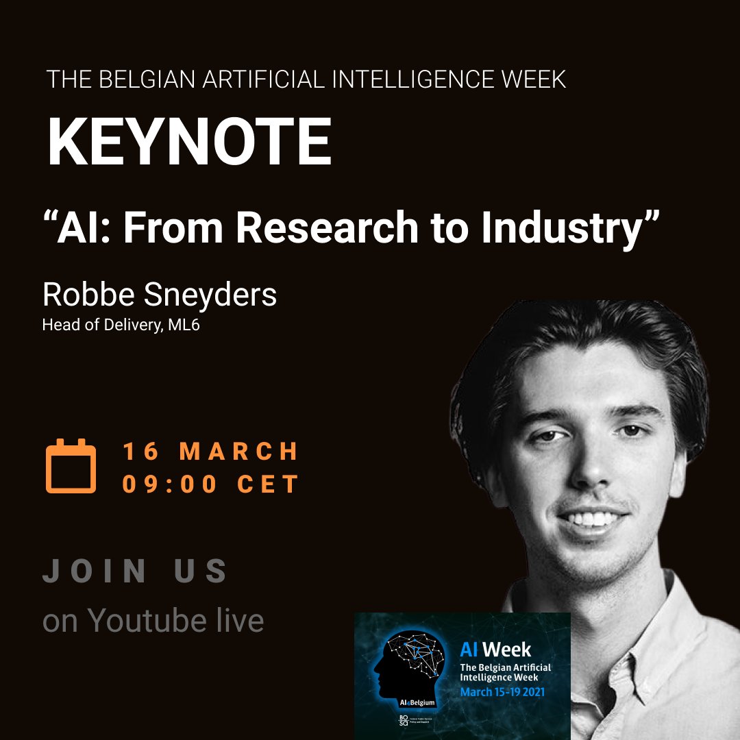 Join us on Tuesday 16/03 at 9am for Robbe Sneyders, our Head of Delivery, his keynote on "AI: from Research to Industry"! Follow the live stream here:  hubs.la/H0J8Rw90 #ml6 #ml6team #accelerateintelligence #AI4Belgium #BelgianAIWeek #artificialintelligence
