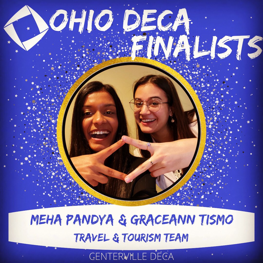 CentervilleDECA's tweet photo. Congratulations Meha &amp; Graceann💯
@mehapandya_ @graceanntismo 

Final Presentations are Saturday 3/13! 

#ohiosbest #epnd #ohiodecafinalist #elkpride #chsmarketing #nextlevel #letsgoelks #bringit #deca #traveltourismteam https://t.co/OY9BqE5eGB