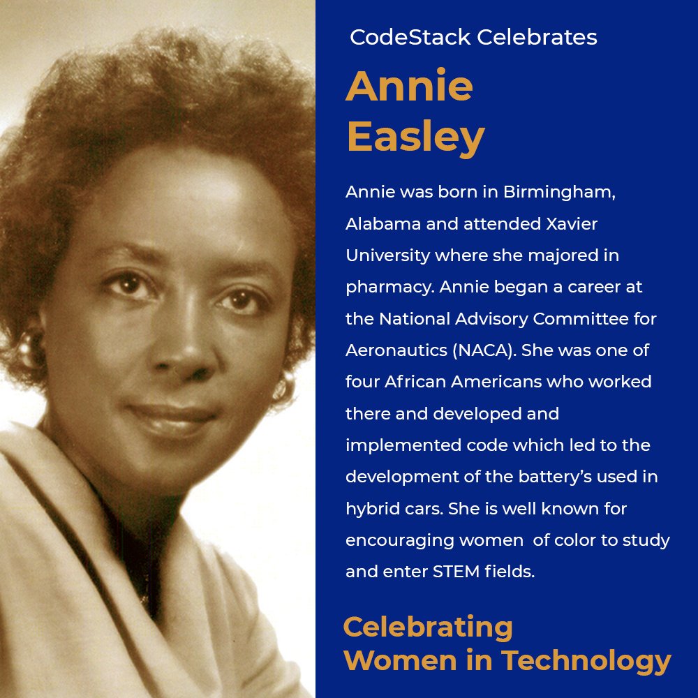 CodeStackStkn's tweet image. Annie J. Easley was an American computer scientist, mathematician, and rocket scientist. She was a leading member of the team which developed software for the Centaur rocket stage. 
#SJCOE #codestackacademy #WomensHistoryMonth #WomenInTech #GirlsWhoCode