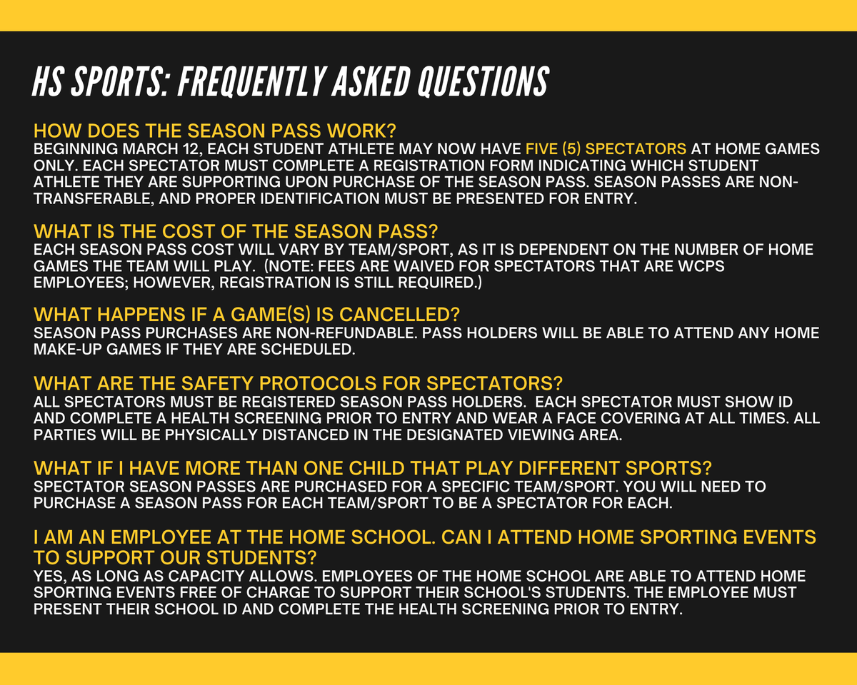 IMPORTANT: In light of the Governor’s latest announcement, we are expanding capacity for our fall and spring sports seasons. Beginning Fri., March 12, each athlete may have up to five spectators. Passes are still required and all health &amp; safety information remains the same.
