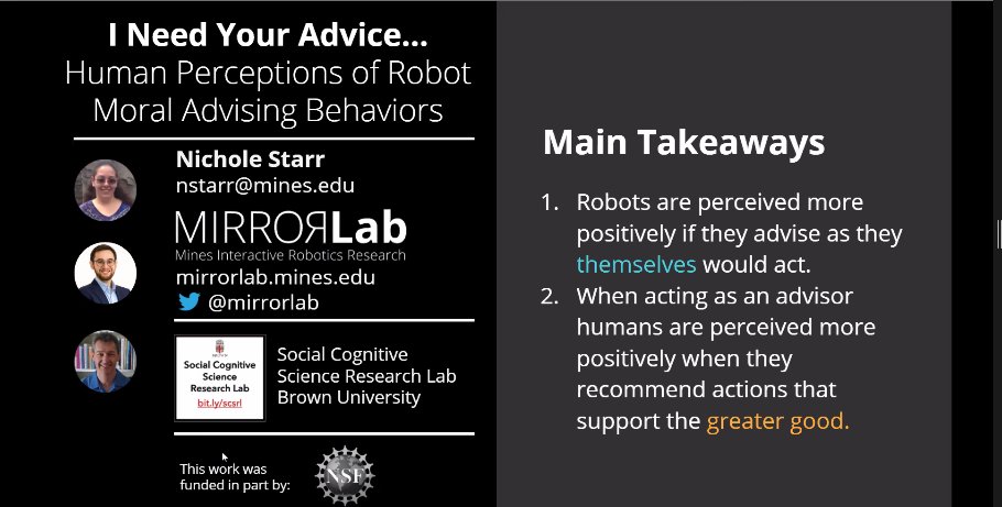 Very excited for <a href="/MIRRORLab/">MIRRORLab</a> undergrad Nichole Starr on her presentation in the <a href="/HriTraits/">TRAITS - HRI</a> workshop this morning. REALLY Interesting results. Mines Undergrads really are wonderful :)