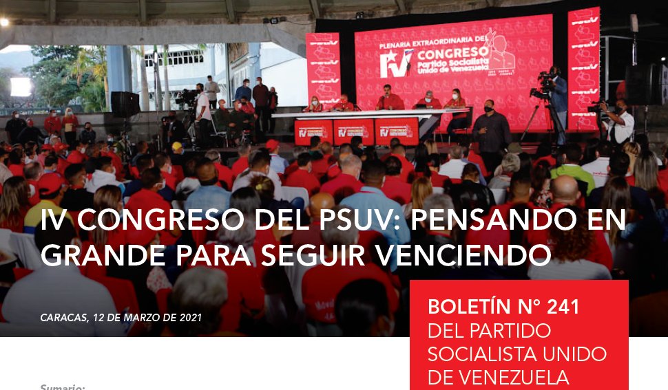 IV CONGRESO DEL PSUV: PENSAR EN GRANDE PARA SEGUIR VENCIENDO 💛💙❤

Descarga, lee y comparte nuestro #BoletínInformativo Nº 241 AQUÍ: bit.ly/3bGvgjz 

<a href="/NicolasMaduro/">Nicolás Maduro</a> 
<a href="/eduardopiate2/">eduardo piñate</a>
#DemocraciaComunal
