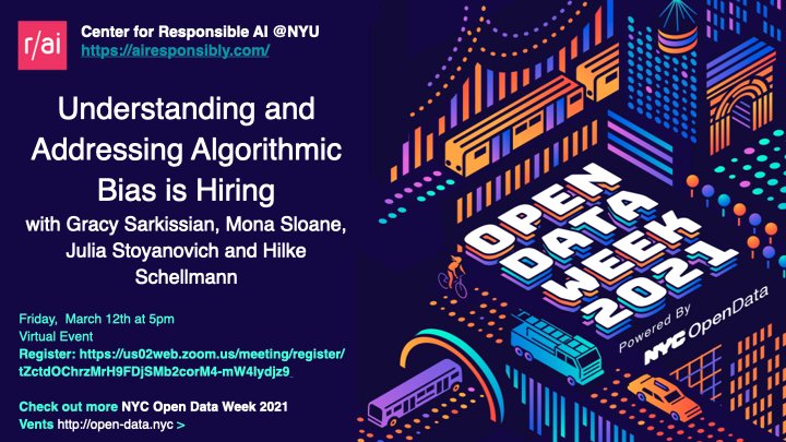 Join us today at 5pm for our @BetaNYC #opendataweek event “Understanding and Addressing Algorithmic Bias in Hiring” with a panel feat @mona_sloane @stoyanoj  @HilkeSchellmann and Gracy Sarkissianis and the welcome by @ContiCook #AI #ethics #ResponsibleAI us02web.zoom.us/meeting/regist…