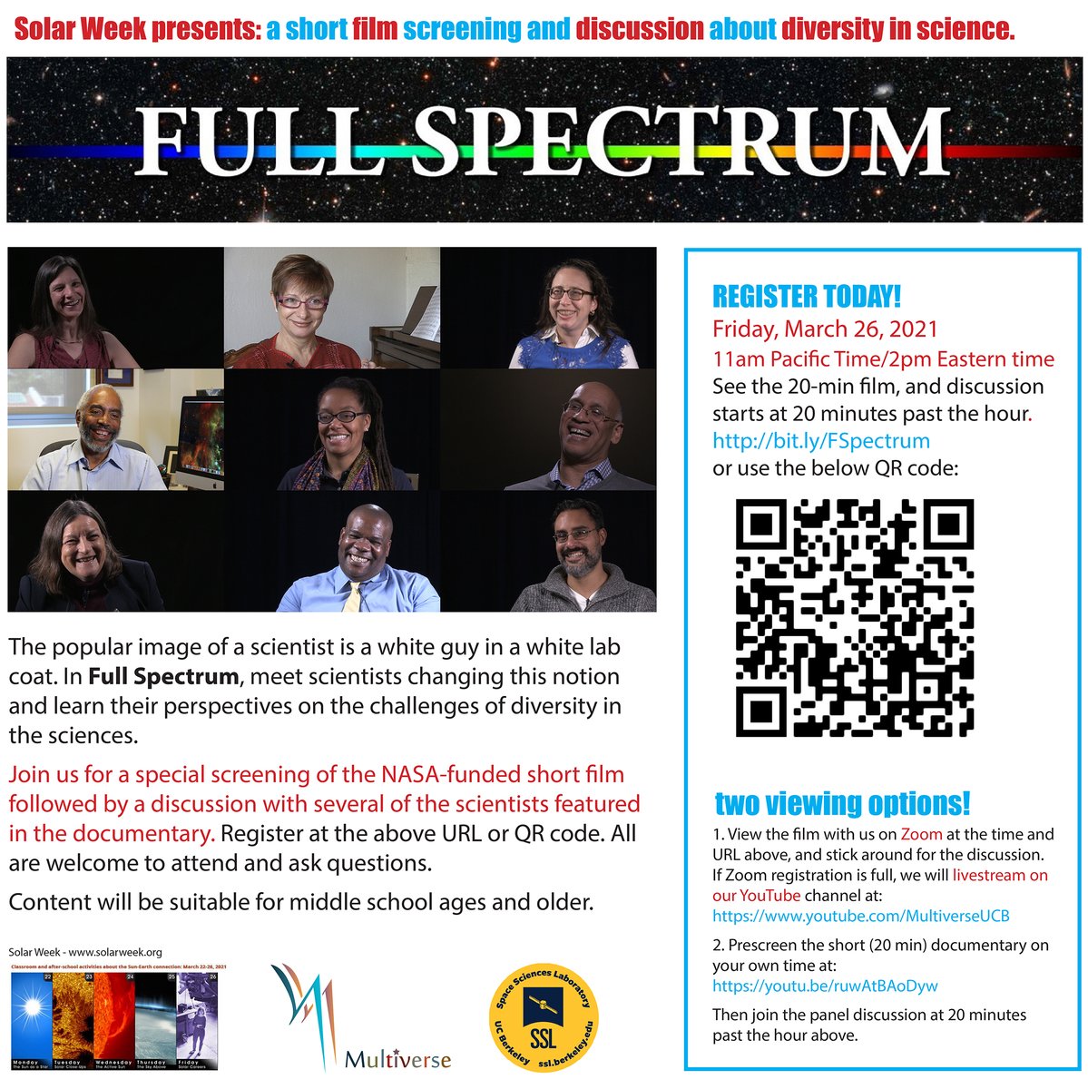 bryanjmendez's tweet image. Join us in 2 weeks (3-26) for a special screening of the NASA-funded short film Full Spectrum, followed by a discussion with several of the featured scientists. Register bit.ly/FSpectrum. All are welcome to attend &amp;amp; ask questions. Content suitable for middle school and up.