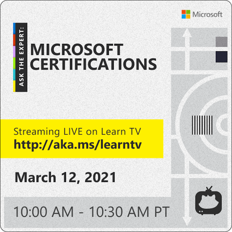 MicrosoftLearn's tweet photo. If you have a #MicrosoftCertification question... we can answer that! π
Don't miss the chance to chat live with certification experts
π TODAY. π
Grab your spot, via @LearnTV: https://t.co/kFEODHL0TW