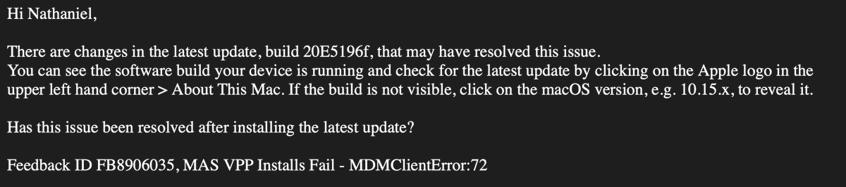 nwstrauss_'s tweet image. Grab the latest Big Sur beta and start testing those VPP installs again. 🤞we see improvements. #MacAdmin #AppleAdmin #JamfPro