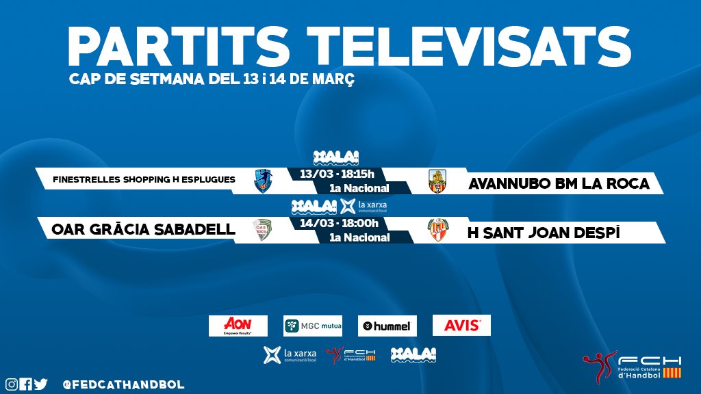 FedCatHandbol's tweet photo. 💻 #HandbolAXala | Aquest cap de setmana viu l’#HandbolCatalà des de casa amb dos partits de #1aNacional a @xala_cat / @laxarxa:
👉🏼 @HEsplugues vs @bmlaroca
👉🏼 @oargracia vs @chsjd https://t.co/fsdpVXGqdB