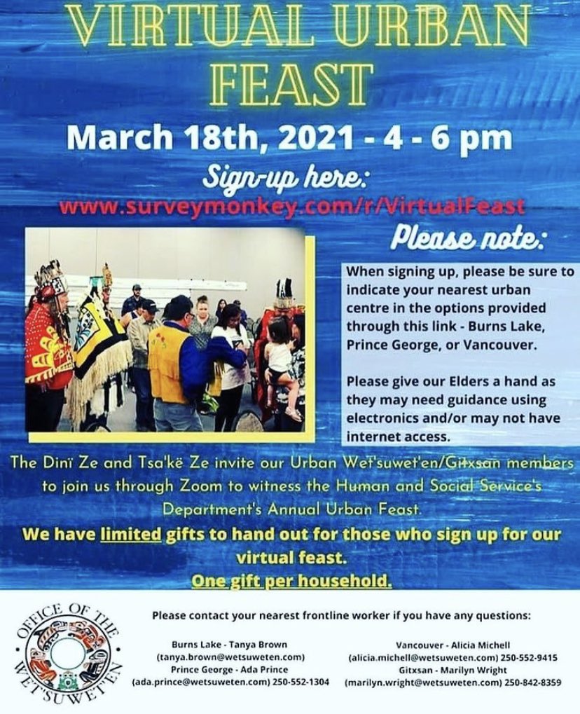 kaylamitchellw1's tweet photo. Pls share with any Urban/off-reserve Wet’suwet’en members. We are hosting the first ever virtual feast. At this feast we will talk about what our nation is doing in terms of criminal justice systems, education, child and family services, youth engagement, language, anuk nua’ten https://t.co/6Wc98SatIs