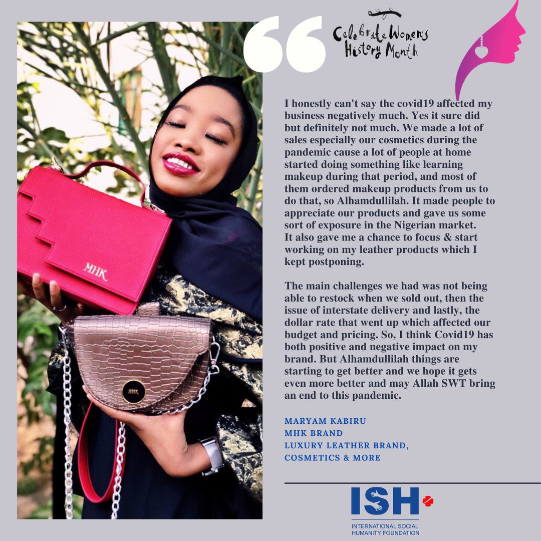 IshFoundation_'s tweet photo. Meet Maryam Kabir @humeeemk She’s the founder of MHK Empire. She sells luxury leather goods such as bags and shoes via @mhkluxury. She also sells cosmetics and jewelleries (earrings, cuff links, wristwatches) via @mhkofficial_ .
#ISHFoundation #womenshistorymonth https://t.co/kWOfh6gH1A