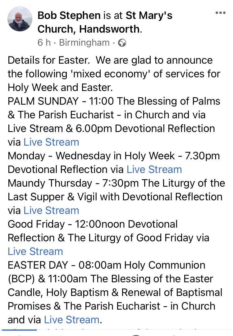 Good news from Father Bob <a href="/revrstephen/">Fr Bob Stephen</a> - we will be open again for public worship on Palm Sunday and Easter Day. 🙏 All services will still be on  Live Stream facebook.com/57574657977034…. #Easter2021 #Handsworth #COTIR